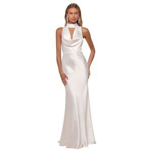 Lulus Gorgeous Vow Maxi Dress Womens M White Satin Cowl Mock Mermaid Wedding